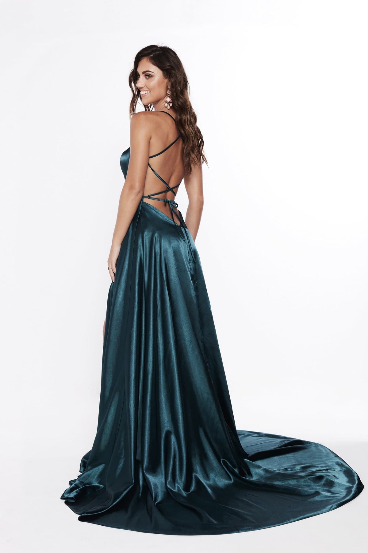 A☀N Bianca - Teal Satin Gown with Front ...